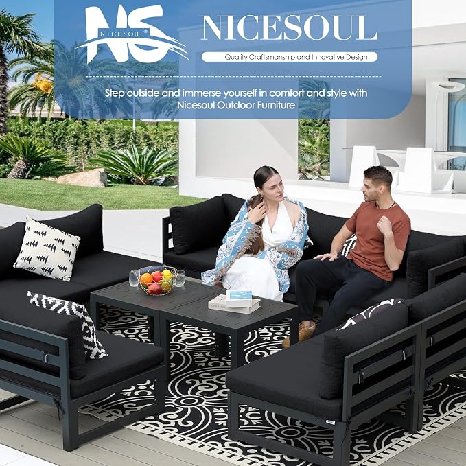 NICESOUL 10 Piece Oversized Modular Aluminum Outdoor Furniture Set, 29" Deep Wide Sectional Seating, 500 lbs High Weight Capacity Weather Resistant Patio Conversation Set for Backyard Poolside, Black