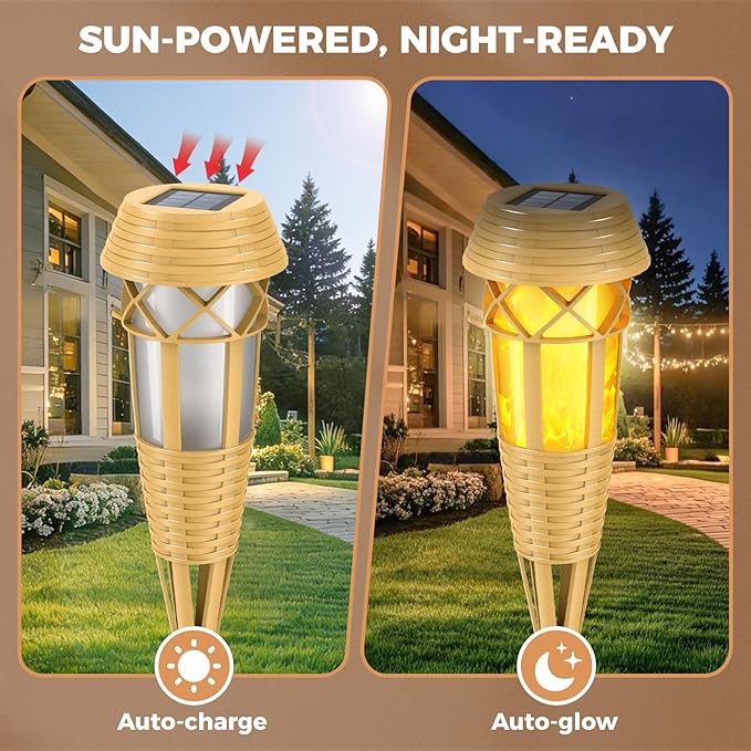Solar Flickering Flame Torch Lights 2Pack - IP65 Waterproof Dusk to Dawn Auto On/Off, Outdoor Decorative Lights for Garden Yard