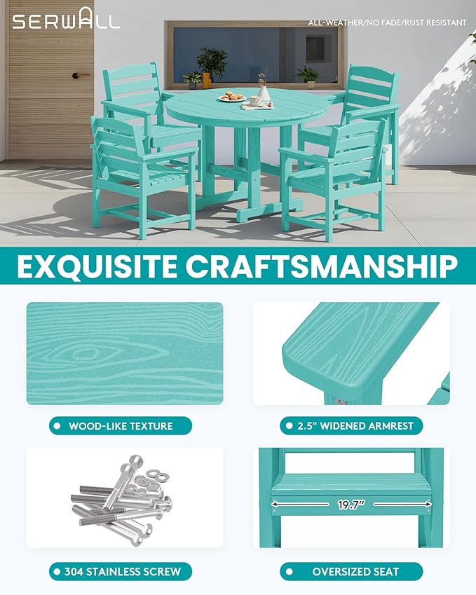 SERWALL 6-Piece Patio Dining Sets, HDPE Outdoor Table and Chairs Furniture Set with Umbrella, 45" Round Dining Table & 4 Dining Chairs & 1 9FT Umbrella, Aruba(Not Include Umbrella Base)