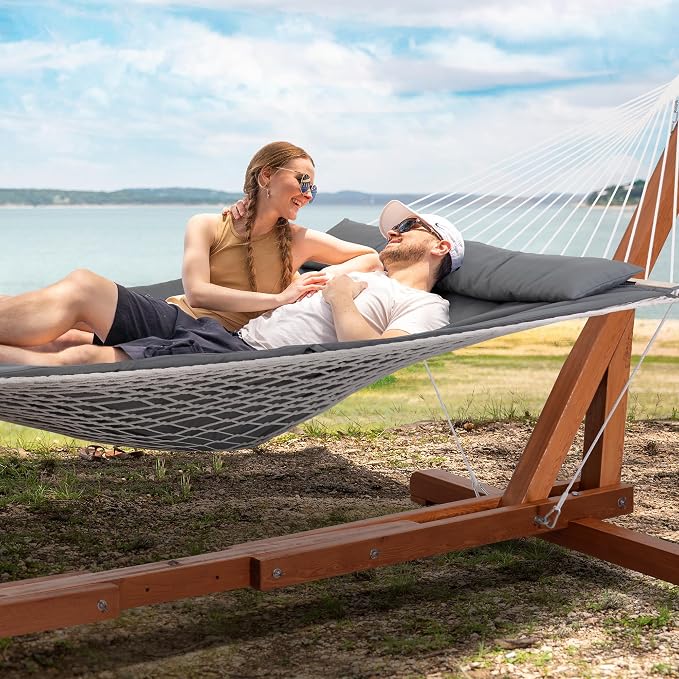 SUNCREAT Hammocks Double Cotton Rope Hammock with Polyester Pad, Heavy Duty Hammock with Wooden Stand, Dark Gray