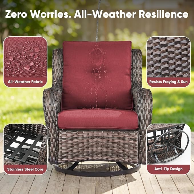 Belord Patio Wicker Chairs Swivel Rocker,Outdoor Patio Furniture Set with Rattan Side Table, All Weather Conversation Set for Porch Poolside Balcony, Brown Wicker/Red