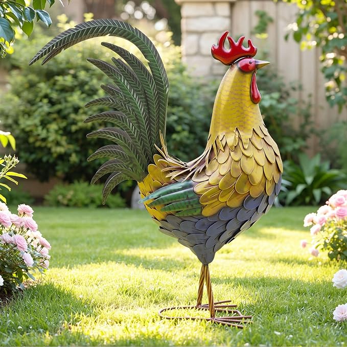 32 in Metal Rooster Statue, Farmhouse Yard & Garden Decor | Hand-painted Metal Finish, Oversized, Chicken Decor for Patio, Kitchen, Garden