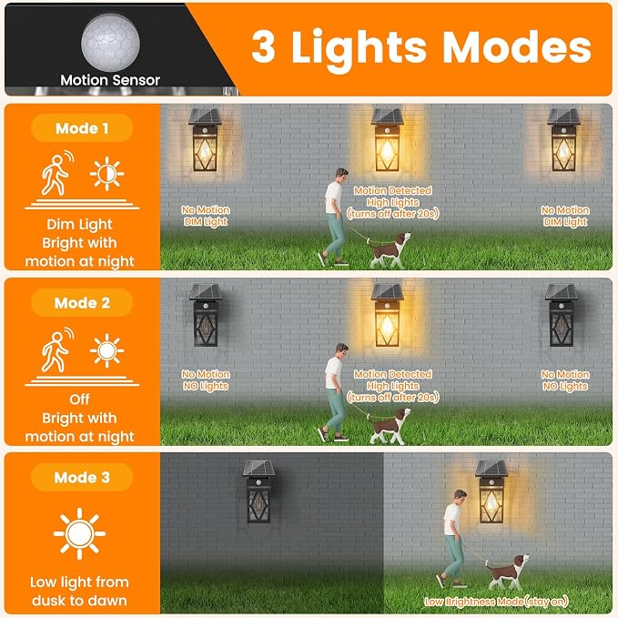 4 Pack Solar Porch Lights Outdoor with Dusk-to-Dawn Motion Sensor | 200LM 3000K Warm White, E26 ST58 Bulb, Classic Lantern Design, 3 Lighting Modes, IP65 Waterproof for Porch, Garage & Patio