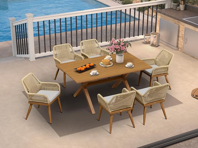 PURPLE LEAF 7 Pieces Outdoor Dining Set All-Weather PE Rattan Outdoor Patio Furniture Set with All Aluminum Frame Rectangular Table and Chairs Set for Lawn Garden Backyard Deck, Teak