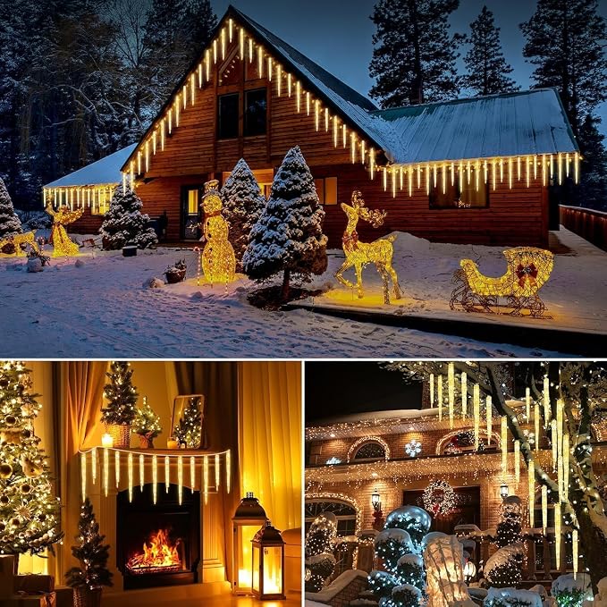 Brightown Icicle Lights for Outside, 2 Pack Total 40ft 40 Tubes 200 LED Ice Shape String Lights, Connectable Hanging Christmas Decoration Lights for Tree Patio Roof Holiday Decor, Warm White
