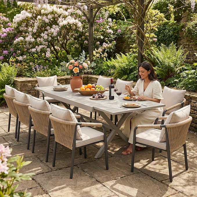 SUNSITT 7 Piece Outdoor Patio Dining Set, 65" - 107" Metal Expandable Outdoor Dining Table with X-Shape Legs, 6 Woven Wicker Patio Chairs w/Curved Backrest for Garden, Flaxen
