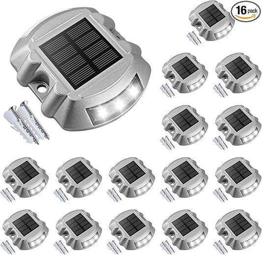 VOLISUN Solar Deck Driveway Dock Lights,Solar Pathway Lights,White 16 Pack | Solar Powered LED, IP68 Waterproof Led Outdoor Warning Step Marine Lights for Sidewalk Garden Yard