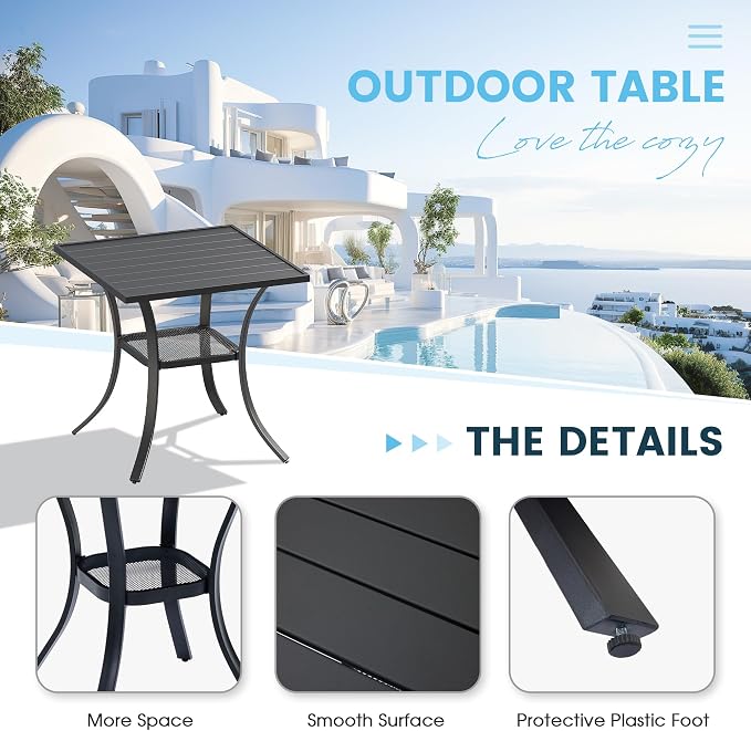 3 Pieces Patio Dining Set, 28" Square Dining Table with Storage Shelf, 2 Stackable Textilene Fabric Chairs, Metal Structure for Patio, Porch, Garden(Black Table, Blue Chair)