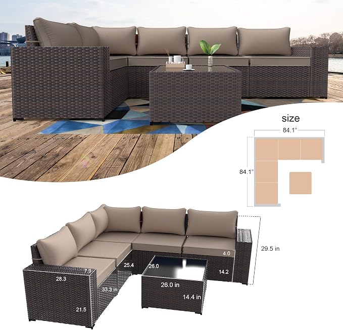 Kullavik Outdoor Patio Furniture Set 6 Pieces Sectional Rattan Sofa Set Brown PE Rattan Wicker Patio Conversation Set with 5 Seat Cushions and 1 Tempered Glass Table,Sand