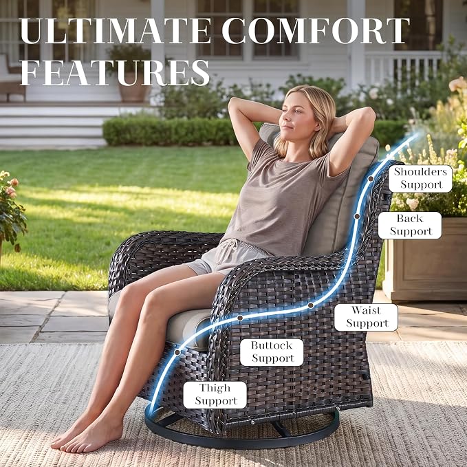 Rilyson Wicker Rocking Chair Swivel Chairs - 4 Piece Rocker Patio Chairs Set Rattan Rocking Chair for Outdoor Porch Deck Garden Backyard(Brown/Grey)
