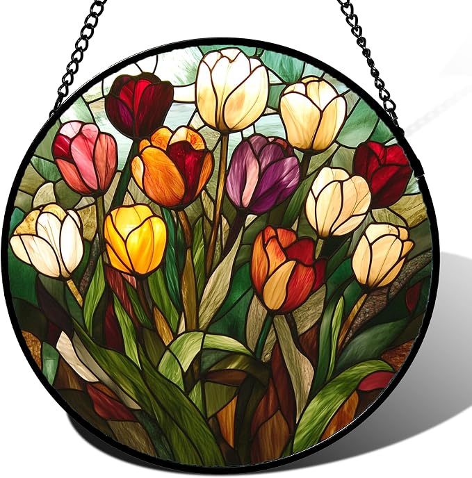 Stained Glass Window Hanging Colorful Tulip Large 15" - Flower Suncatcher Door Garden Sun Catcher Home Plant Decor Birthday Mother's Day for Mom Woman Friend Nana Colleague