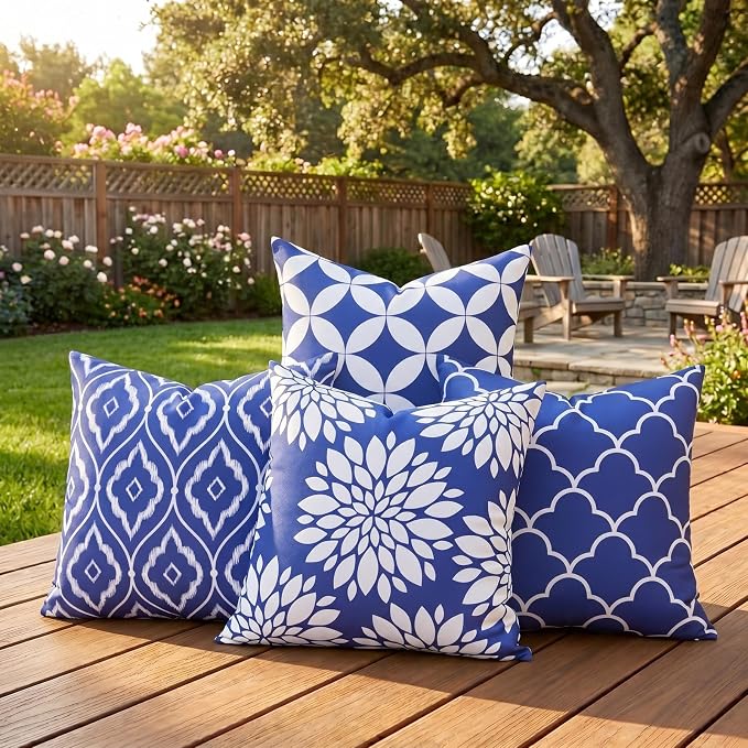 Blue Outdoor Floral Pillow Covers Waterproof 18x18 Set of 2, Outdoor Decorative Throw Pillows Waterproof For Patio Furniture Porch, Navy Blue and White Summer Patio Chair Cushion Covers 18 x 18