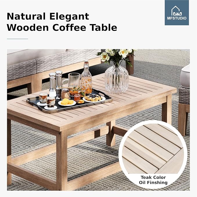 MFSTUDIO Wicker Patio Furniture Set, All Weather Rattan Outdoor Conversation Set with 2 Ottomans, 5 Pieces Patio Sectional Modular Sofa Couch Set with Wood Coffee Table, Beige Cushions