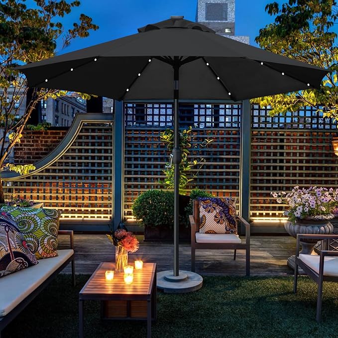 Sunnyglade 9' Solar LED Lighted Patio Umbrella with 8 Ribs/Tilt Adjustment and Crank Lift System (Black)