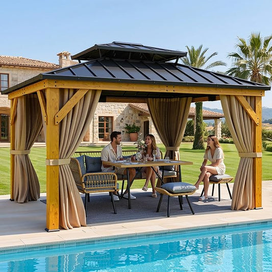 YITAHOME 11X13 Wood Gazebo Hardtop with Nettings and Curtains, Heavy Duty Double Roof Galvanized Steel Outdoor Wood Frame Roof for Patio, Backyard, Deck, Lawns