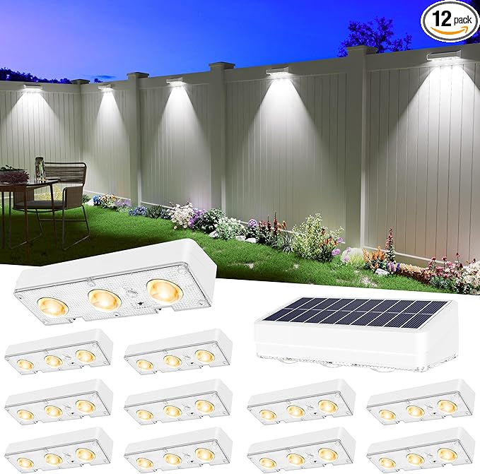 JOFIOS Solar Fence Lights Outdoor Waterproof Led, 12Pack,1300mAh,6 Inch Solar Lights for Fence with Warm White & RGB 8 Colors,Outdoor Solar Lights for Patio, Backyard, Deck, Railing (White)