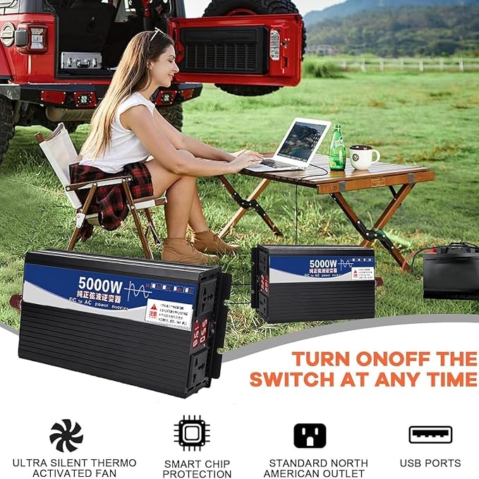 FLJDLSGS 3500W 5000W Pure Sine Wave Power Inverter 12V 72V DC to 110V AC Voltage Converter with LCD Display, for Home/RV/Truck/Car/Camping/Solar (3500W,12V)