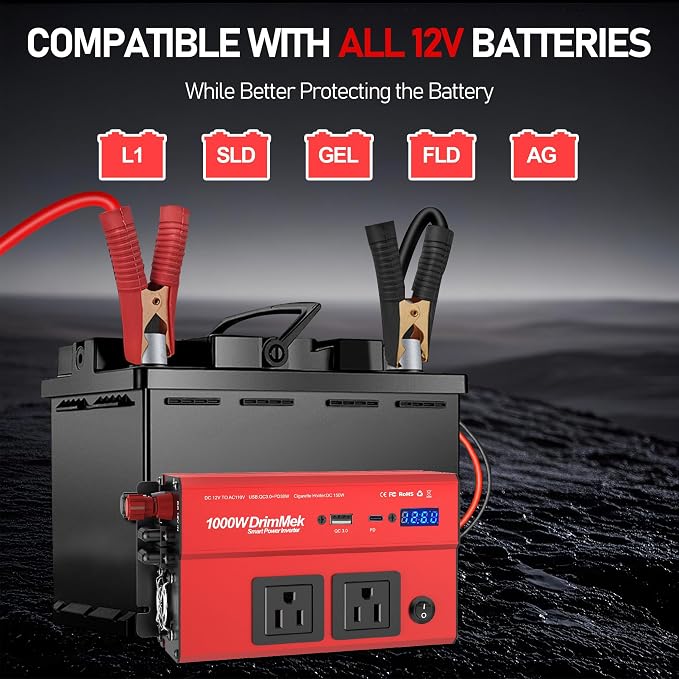 DrimMek 1000 Watt Power Inverters 12v to 110v for Vehicles - with Dual AC Outlets, 1000w Inverter with 3.0A USB and Type-C, 12v Inverter car Cigarette Lighter Battery for/Truck/RV/Emergency