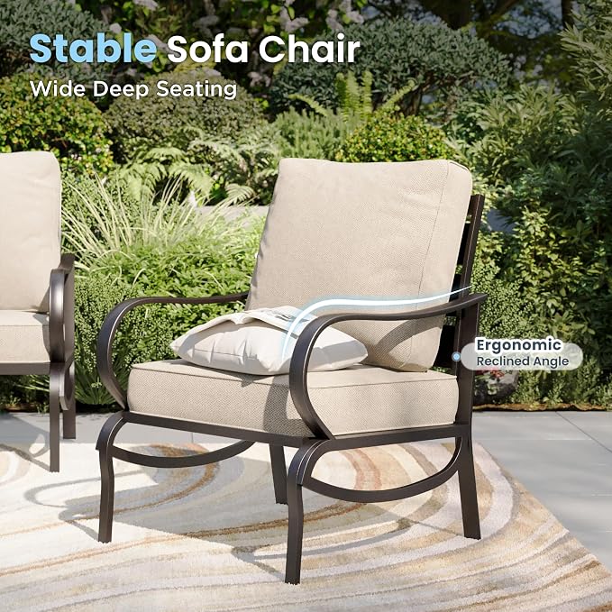 PHI VILLA Patio Furniture Conversation Set for 2, Deluxe Outdoor Patio Set with 2 Stable Padded Sofa Chair