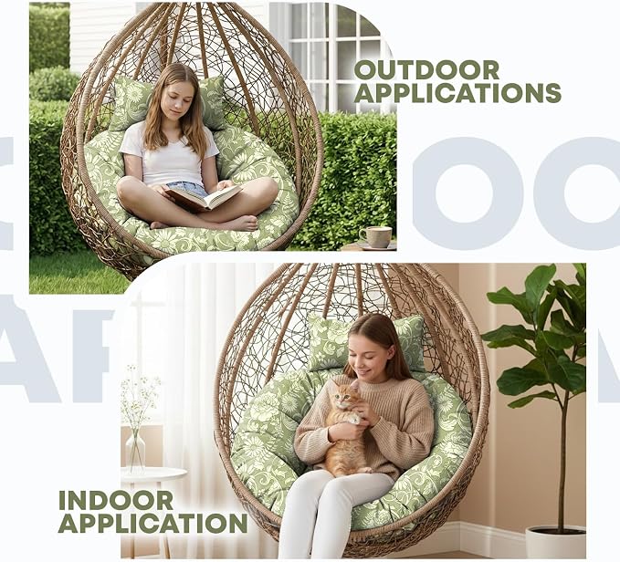 Outdoor Round Egg Chair Cushion Replacement, Waterproof 45" L x 45" W Thicken Hanging Swing Egg Chair Cushions with Headrest Pillow, Soft Wicker Basket Eggs Chairs Pad for Garden (Green Rose)