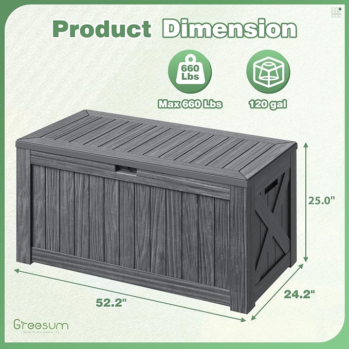 Greesum Outdoor Storage Box 120 Gallon Storage Bin with Lid for Patio Furniture, Garden Tools, Pool Supplies, Lockable, Waterproof and UV Resistant, Gray