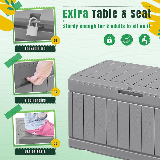 Greesum 82 Gallon Resin Deck Box Large Outdoor Storage for Patio Furniture, Garden Tools, Pool Supplies, Weatherproof and UV Resistant, Lockable, Light Grey