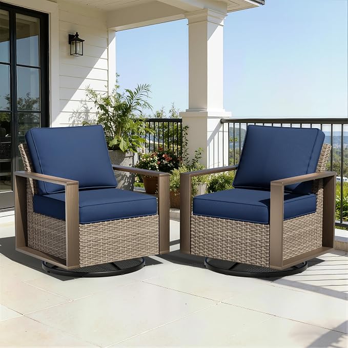 Outdoor Swivel Patio Metal Chairs Set of 2 - Porch Furniture 2 Pieces 360 Degree Glider Rockers Rattan Chairs with Washable Cushion & Metal Steel Rectangular Framed Armrest, Dark Blue