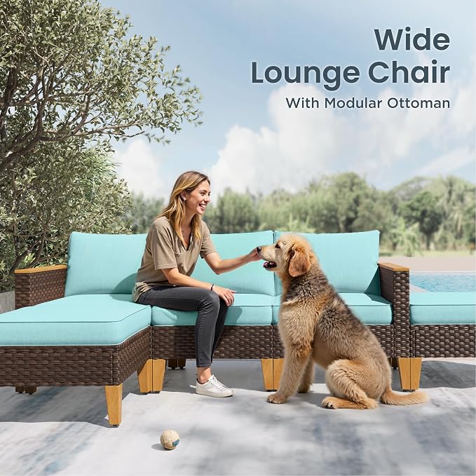 PHI VILLA Outdoor Wicker Patio Furniture Set with 56" Fire Pit Table, 8-Piece Oversized Sectional Rattan Sofa Backyard Poolside Set for 7 Seats with Cushioned, Blue