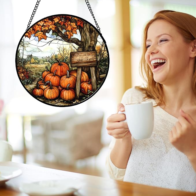 DASTOLL Stained Glass Window Hanging Fall Farm Scenery Maple Trees Pumpkin Large 15" - Suncatcher Door Garden Kitchen Sun Catcher Autumn Decor Birthday for Mom Nana Men Woman Friend