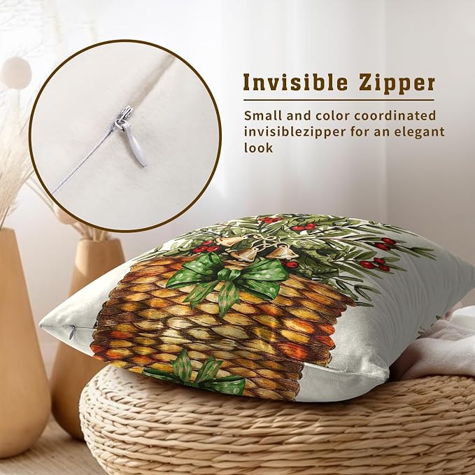 Pine Leaves Throw Pillow Covers 22x22 Inch, Set of 2 Evergreen Berry Botanical Basket Winter Holiday Decorative Cotton Square Pillowcases for Couch Bed Sofa Farmhouse Home Decor
