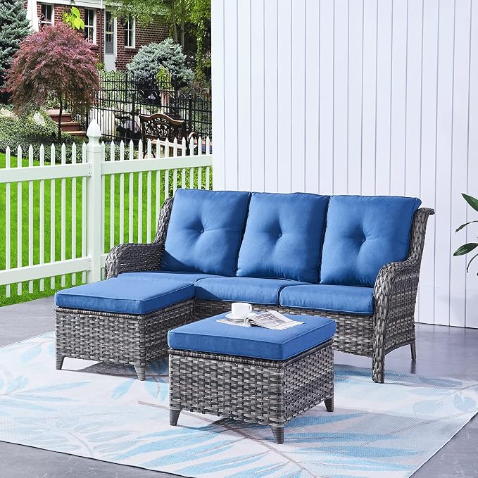 HUMMUH 7pcs Patio Furniture Set Swivel Rocker Patio Chairs,PE Wicker Outdoor Sofa Set of 2 with Coffee Table and Ottomans(Grey,Blue)