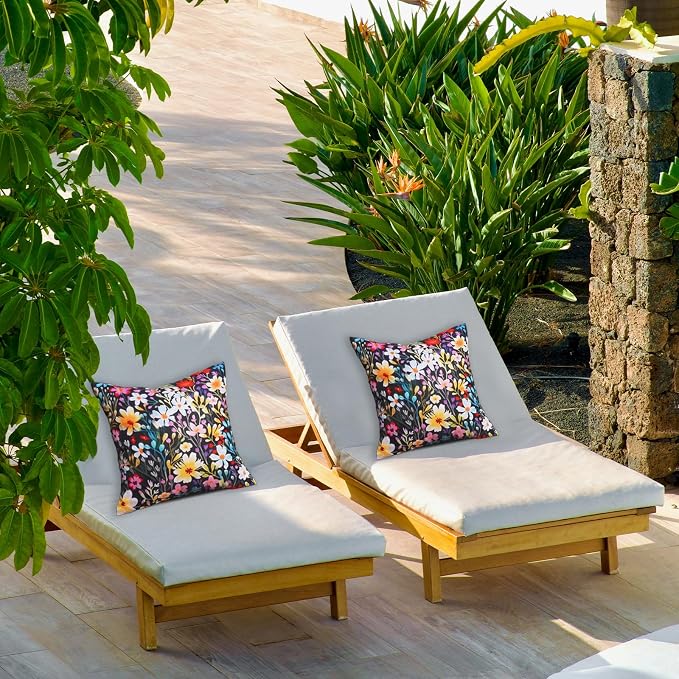 Outdoor Floral Throw Pillow Covers 20x20 Inch Set of 2 Black Waterproof Flowers Decorative Spring Summer Holiday Patio Cushion Cases for Patio Furniture Garden