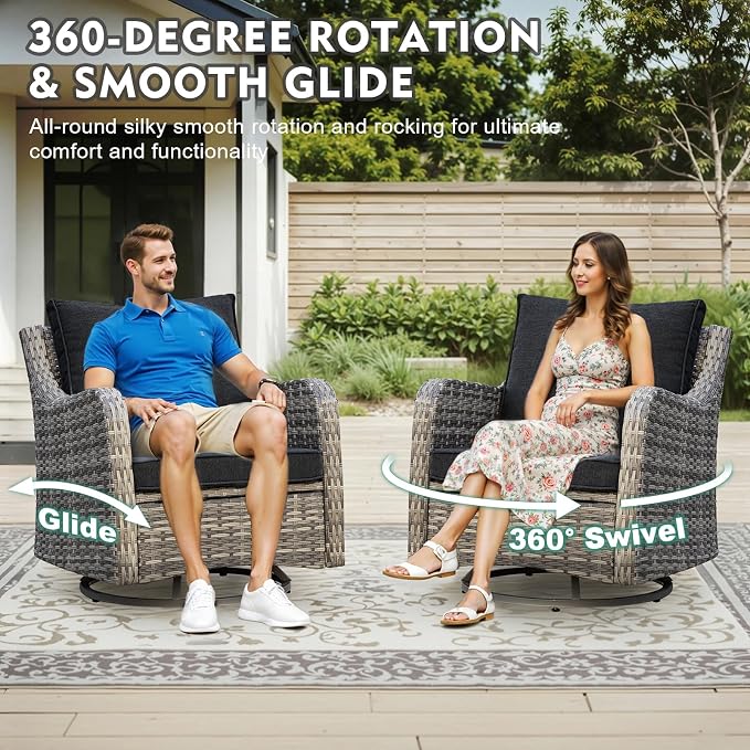 MEISSALIVVE Patio Furniture Set with Swivel Chairs, 8 Pieces Wicker Patio Conversation Set, Outdoor Patio Set with 2 Swivel Rocking Chair & 2 Single Chair, 2 Ottomans and Dining Table (Black)