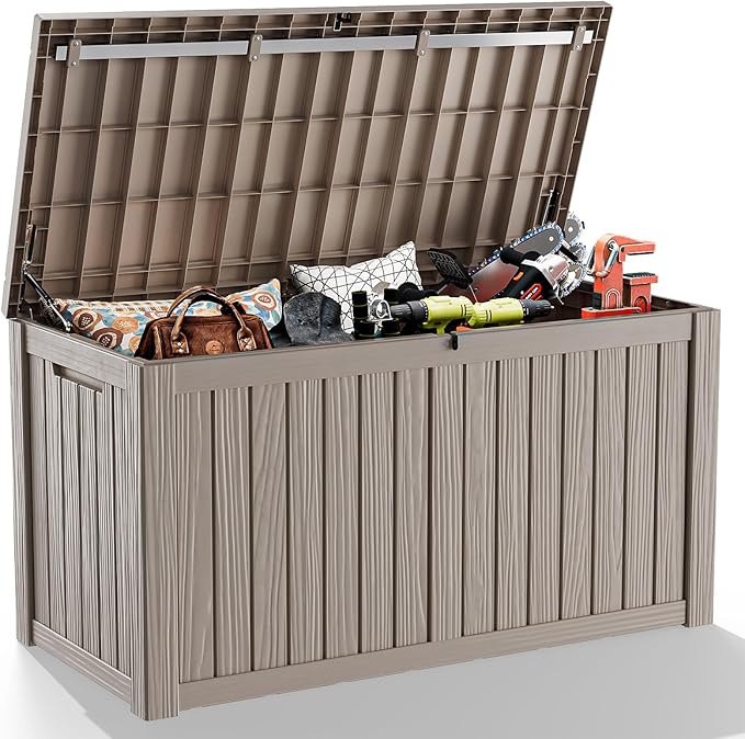 Vixzen 180 GallonOutdoor Storage Box Waterproof, Large Lockable Resin Deck Box with lid for Patio Furniture Cushions, Weatherproof Storage Boxes for Garden Tools & Pool Accessories(Grey, 180 Gallon)