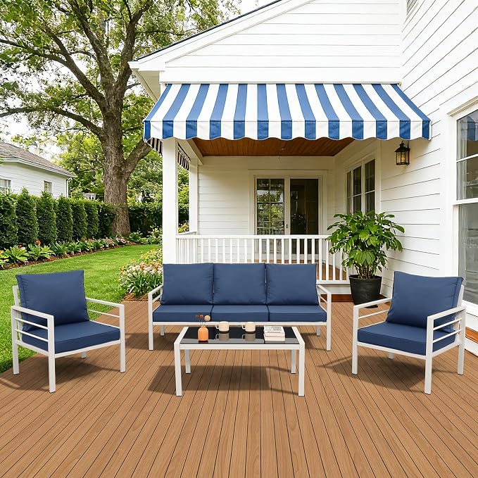 Oasishine Patio Furniture Set Aluminum 4 Pieces White Metal Outdoor Furniture Set Glass Coffee Table with No-Slip Cushions and Waterproof Covers, Navy Blue