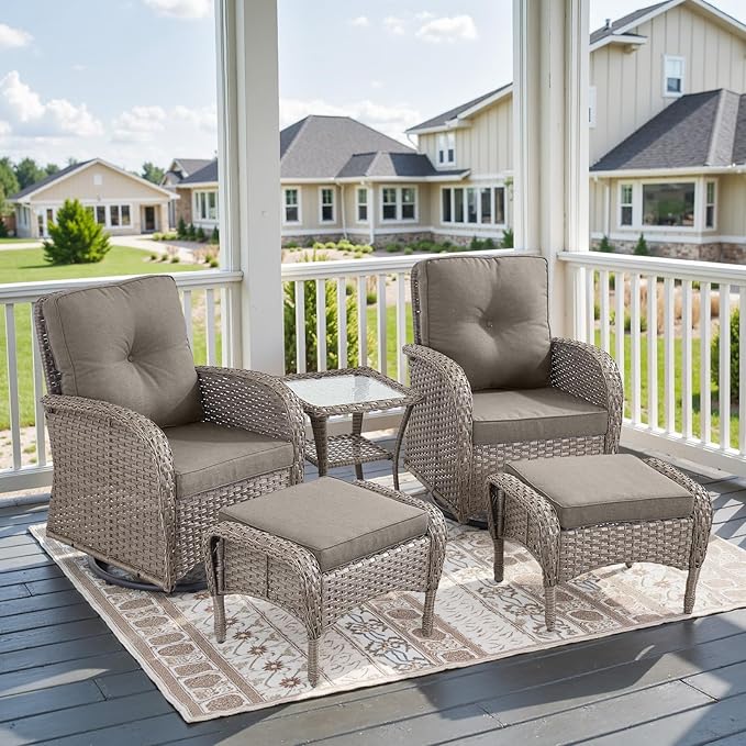 Belord 5 Piece Swivel Rocker Glider Outdoor Chairs Set of 2 with Ottoman and Glass Side Table Patio Bistro Furniture Set, Comfort High Back Wicker Patio Conversation Set for Deck Porch Sunroom