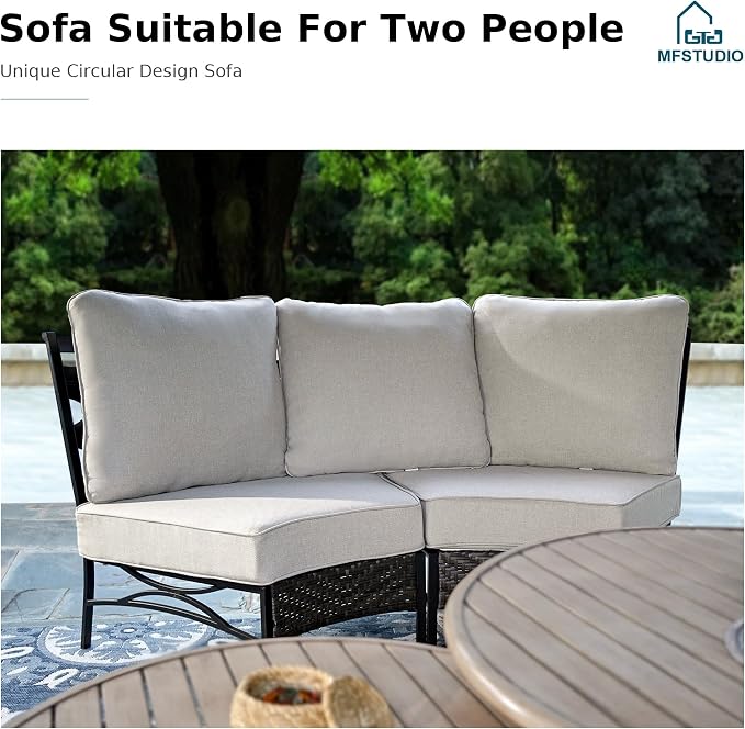 MFSTUDIO Patio Furniture Set, 6 Seats Half-Moon Curved Outdoor Sectional Sofa Conversation Set with 2 Wood-Like Round Table, Woven Rattan Patio Couch for Backyard, Garden, Deck