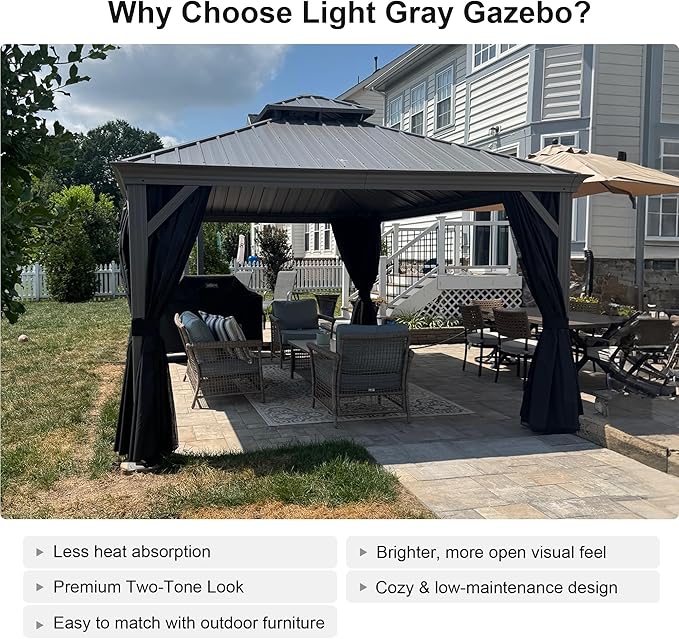 PURPLE LEAF 12' X 16' Hardtop Aluminum Gazebo with Netting and Curtains Heavy Duty Permanent Gazebo with Double Metal Roof for Patio Deck Lawn Garden All Weather Outdoor Pavilion Gazebos, Light Grey
