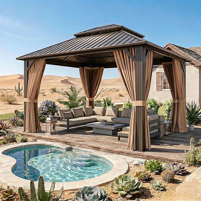 12x12FT Hardtop Gazebo, Metal Frame with Double Galvanized Steel Roof, Permanent Outdoor Pergola with Curtains and Netting Included for Backyard, Patio, Lawn and Garden, Brown