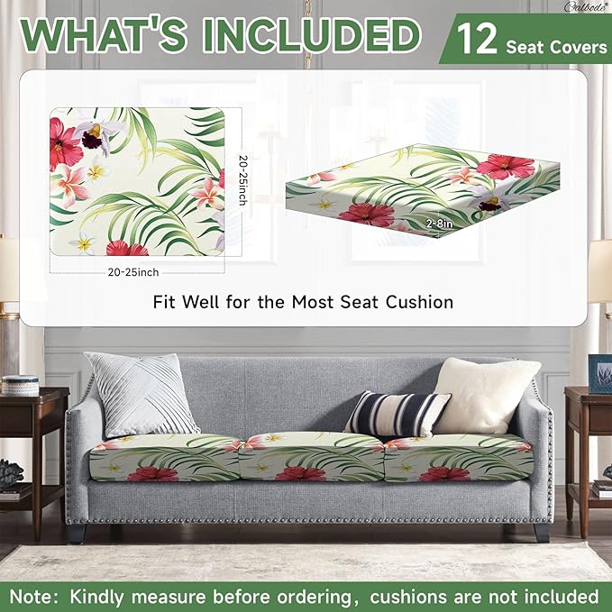 CALBODE 12 Pcs Stretch Outdoor Seat Cushion Covers, Washable Chair Seat Cover for Patio Furniture Cushions Soft Indoor and Outdoor Couch Cover Replacement (Tropical Floral, Beige,Cover Only)