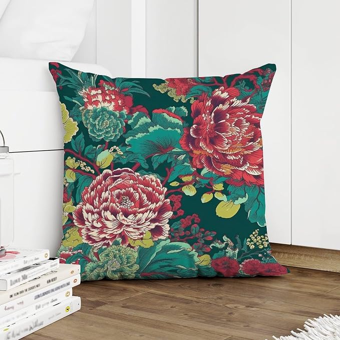 Pillow Cover Chinoiserie Red Peony Floral Pillowcase Modern Green and Pink Pillow Cover Accent Farmhouse Decor Pillow for Patio Furniture Garden 24x24 in