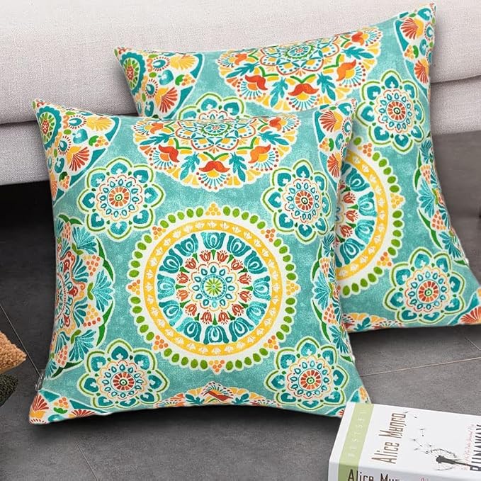 FUNHOME Outdoor Pillow Covers 18x18 Inch Pack of 2, No Insert-Cyan Circle | Square Throw Pillow Covers, Water-Repellent, Modern Pillow Cases for Sofa Patio Couch Decoration