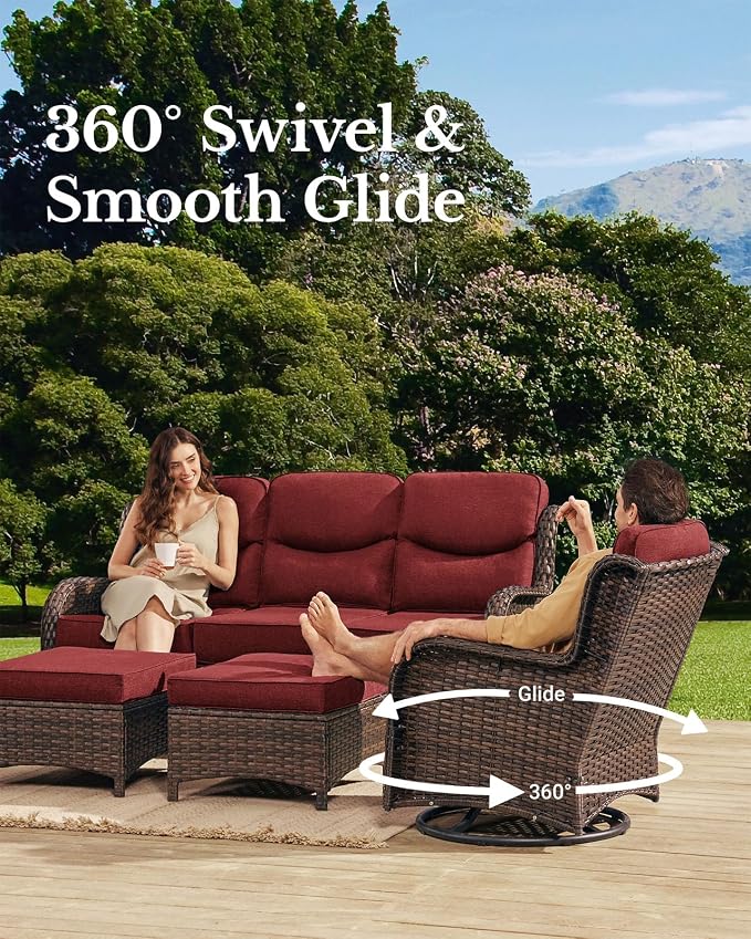 HILLGA Luxury Outdoor Patio Furniture Set with 6-Inch Thick Cushions,High Back Wicker Swivel Rocker Chairs, 6 Pcs All Weather Conversation Set for Large Deck, Yard and Poolside, Burgundy (V3)