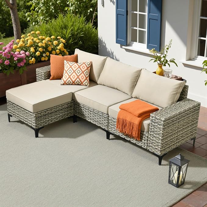 HOOOWOOO Outdoor Sectional Furniture Set,4 Pieces Wicker Patio Conversation Sets,L Shape All Weather Outside Couch Sofa with Ottoman,Beige