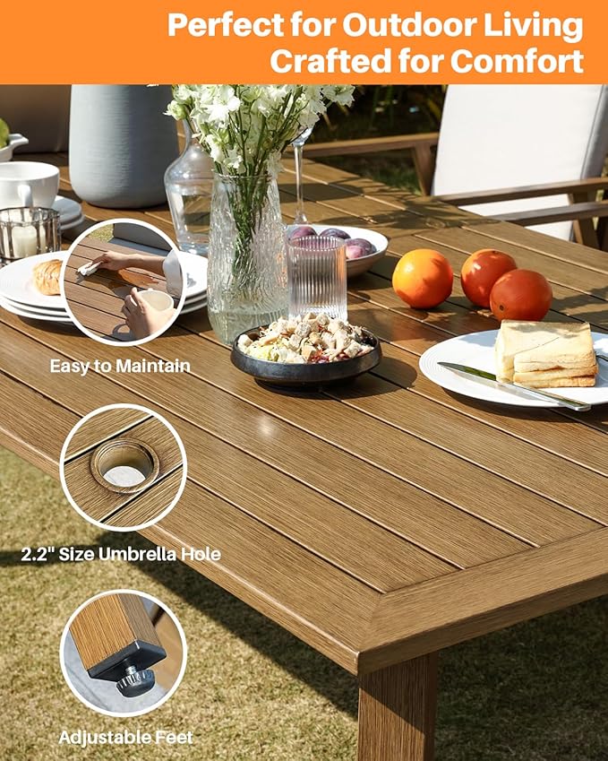 7 Pieces Patio Dining Set, Never-Rust Aluminum Outdoor Dining Table Set with Removable Cushions, Outdoor Furniture Set with 2 Swivel Chairs, 4 Dining Chairs for Deck Poolside, Backyard, Teak