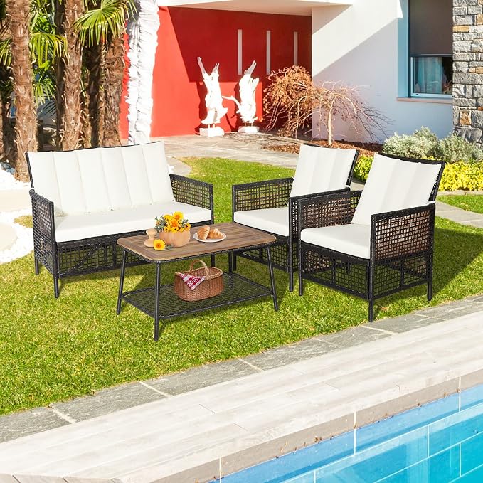Tangkula 8 Pieces Patio Furniture Set, Outdoor PE Wicker Conversation Set with 2-Tier Coffee Table, Acacia Wood Tabletop & Extra Storage Shelf, Outdoor Furniture Sofa Set w/Cushions (2, Off White)