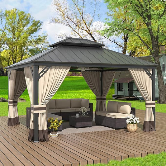 ALAULM 12'x14' Hardtop Gazebo, Outdoor Double Roof Canopy with Netting and Curtains, Galvanized Metal Frame, Sunshade for Patio, Backyard, Deck and Lawns-Sand