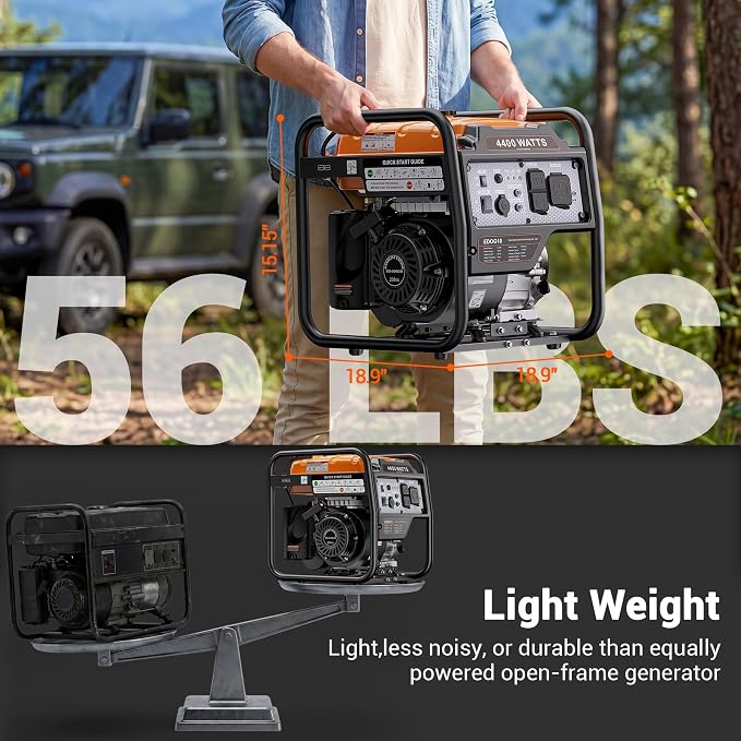 4400 Watts Open Frame Inverter Generator, Gas Powered Portable Generator for Home Backup, RV Ready 30A Outlet, ECO Mode, Quiet Operation, Low Oil Shutoff, Emergency Power, EPA Compliant