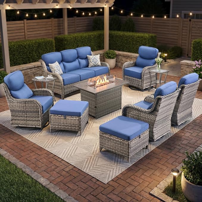 Luxury Swivel Rocker Chairs Fire Pit Set with 6" Thick Cushion 10 piece Wicker Outdoor Patio Chair with Sofa and Ottoman,Comfortable High Back Outdoor Patio Furniture Set - Gery | Blue