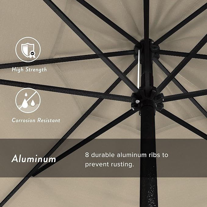 California Umbrella 7.5' Rd Aluminum Patio Umbrella, Crank Lift, Auto Tilt, Black Finish, Antique Beige